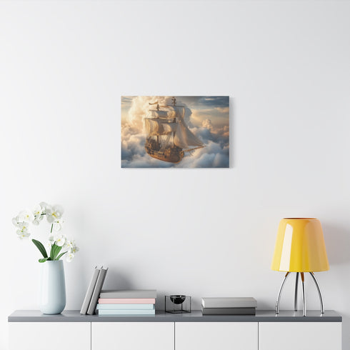 Steampunk Airship Sailing Through Clouds — Stretched Canvas Wall Art — Living Room Wall Lifestyle View
