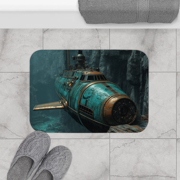 Steampunk Submarine in an Abyss (Edition II) — 61×43 Memory Foam Bath Mat — Modern Bathroom Floor Lifestyle View