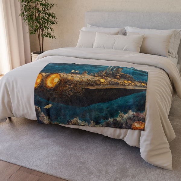 Steampunk Submarine in an Abyss (Edition II) — 50×60 Plush Throw Blanket — Draped Over Sofa & Bed Lifestyle View