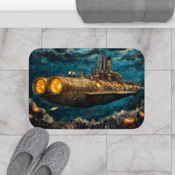 Steampunk Submarine in an Abyss (Edition III) — 61×43 Memory Foam Bath Mat — Modern Bathroom Floor Lifestyle View
