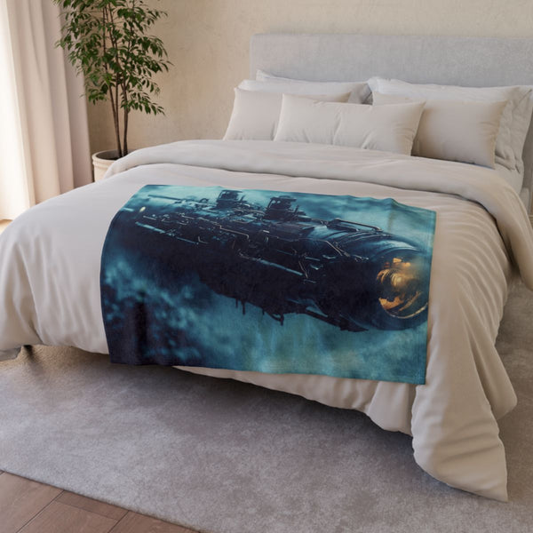 Steampunk Submarine in an Abyss (Edition III) — 50×60 Plush Throw Blanket — Draped Over Sofa & Bed Lifestyle View