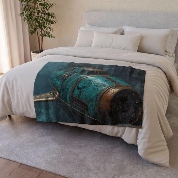 Steampunk Submarine in an Abyss — 50×60 Plush Throw Blanket — Draped Over Sofa & Bed Lifestyle View