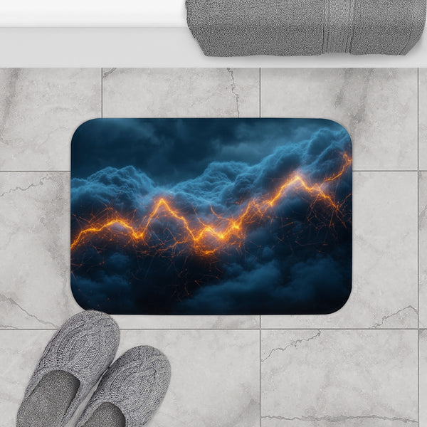 Storm Clouds with Glowing Geometric Vein — Memory Foam Bath Mat — Modern Bathroom Floor Lifestyle View