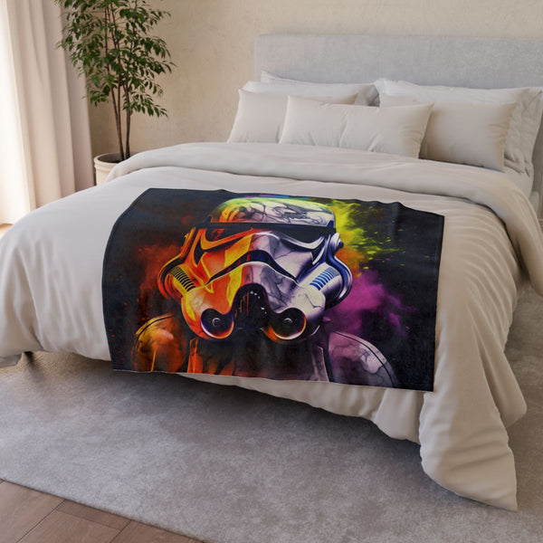 Storm Trooper Watercolor — Plush Fleece Throw Blanket — Draped Over Sofa & Bed Lifestyle View