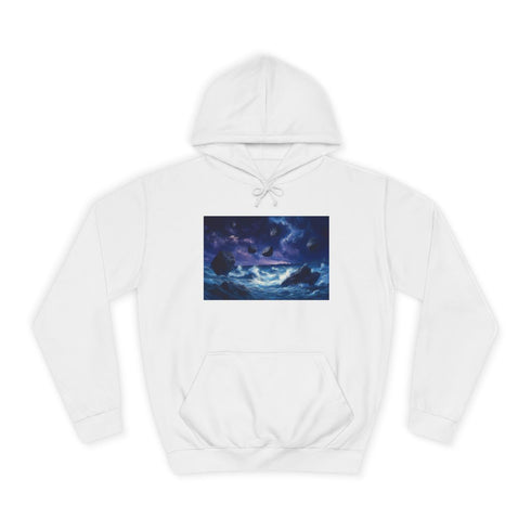 Stormy Ocean with Levitating Rocks Graphic Unisex College Hoodie - Arctic White Front