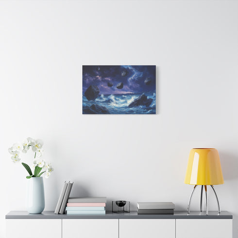 Stormy Ocean with Levitating Rocks — Stretched Canvas Wall Art — Living Room Wall Lifestyle View