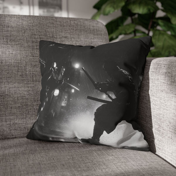 Street Samurai Mid Battle in a Storm (Edition III) — Double-Sided Cushion Cover — Sofa & Armchair Living Room Lifestyle View