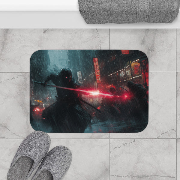 Street Samurai Mid Battle in a Storm (Edition III) — 61×43 Memory Foam Bath Mat — Modern Bathroom Floor Lifestyle View