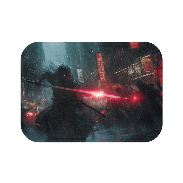 Street Samurai Mid Battle in a Storm (Edition III) — 61×43 Memory Foam Bath Mat — Top-Down Velvet Microfibre Artwork View