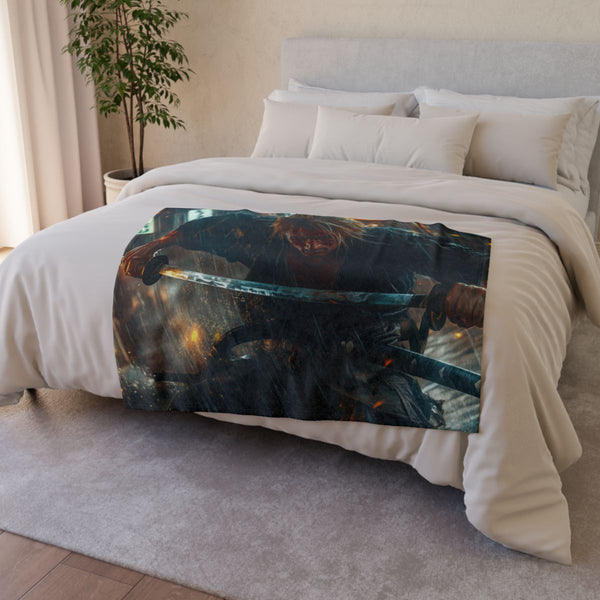 Street Samurai Mid Battle in a Storm — Plush Fleece Throw Blanket — Drape over Sofa & Bed Lifestyle View