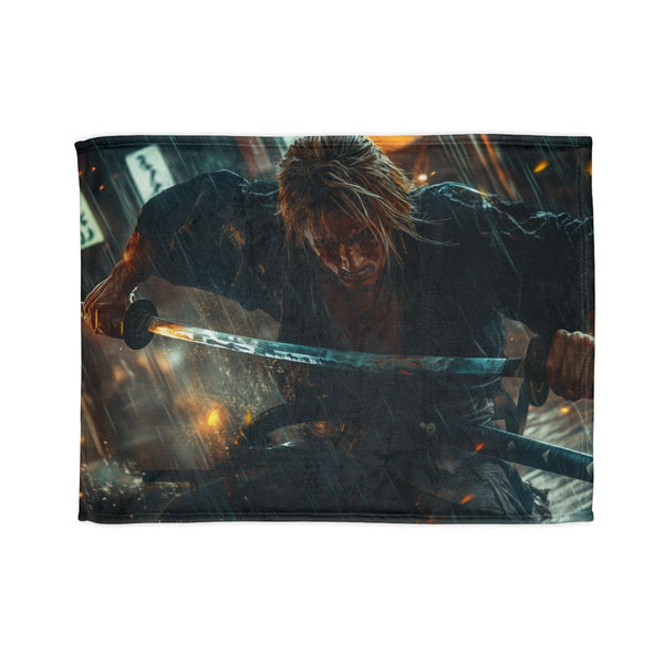 Street Samurai Mid Battle in a Storm — Plush Fleece Throw Blanket — Full Spread Plush Fleece Artwork View