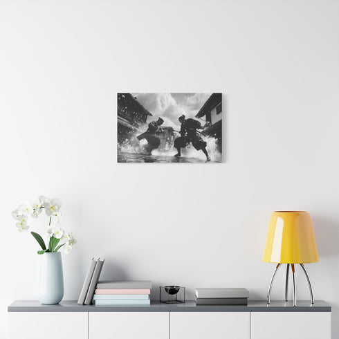 Street Samurai Mid Battle in Storm — Stretched Canvas Wall Art — Living Room Wall Lifestyle View