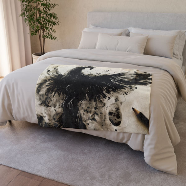 Stylized Phoenix Rising from Ink (Edition II) — Plush Fleece Throw Blanket — Drape over Sofa & Bed Lifestyle View