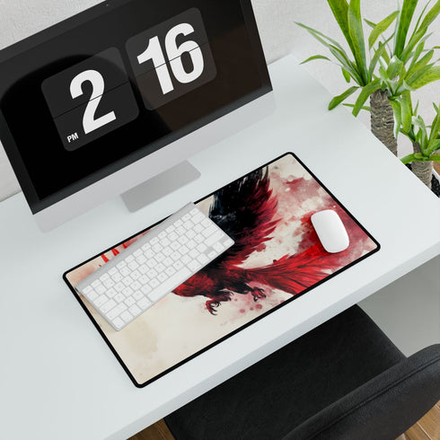 Stylized Phoenix Rising from Ink — XL Gaming Desk Mat — Gaming & Workspace Desk Setup View