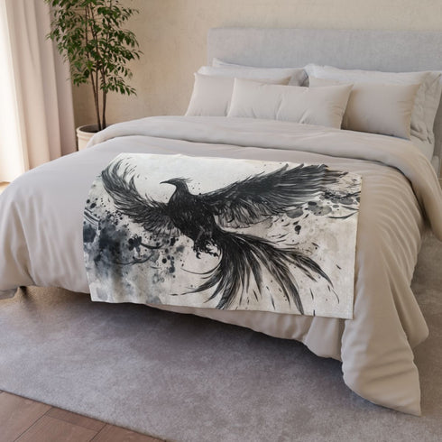 Stylized Phoenix Rising from Ink — 50×60 Plush Throw Blanket — Draped Over Sofa & Bed Lifestyle View