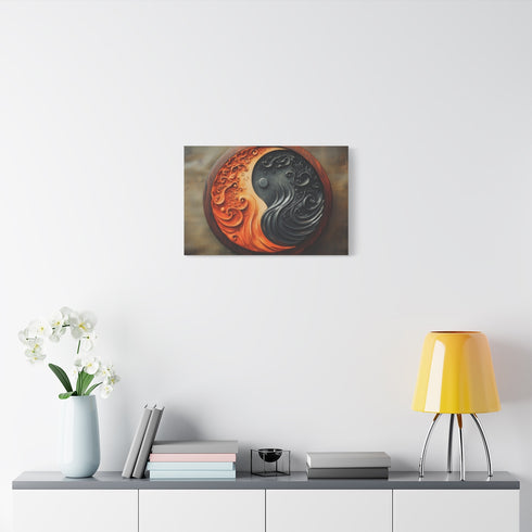 Stylized Yin Yang Made of Waves and Fire — Stretched Canvas Wall Art — Living Room Wall Lifestyle View