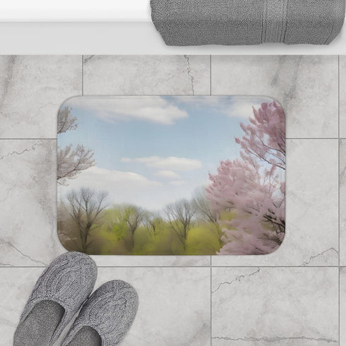 Suburban Park Families Spring Bloom — Non-Slip Bath Mat — Bathroom Floor Lifestyle View