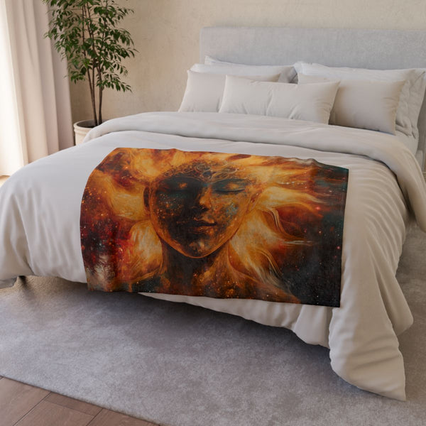 Sun God Painted with Nebulae (Edition II) — Plush Fleece Throw Blanket — Drape over Sofa & Bed Lifestyle View