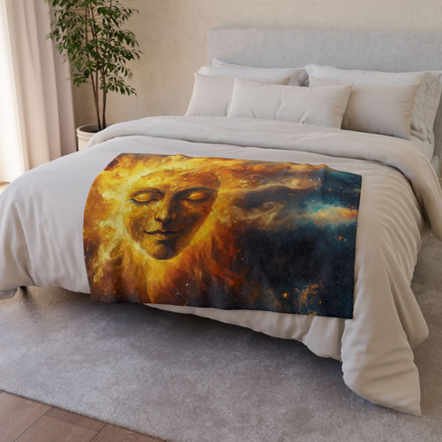 Sun God Painted with Nebulae — 50×60 Plush Throw Blanket — Draped Over Sofa & Bed Lifestyle View