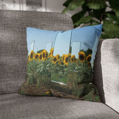 Sunflower Field with Floating Mirrors — Double-Sided Cushion Cover — Sofa & Armchair Living Room Lifestyle View