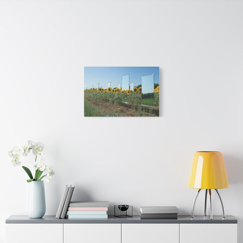 Sunflower Field with Floating Mirrors — Stretched Canvas Wall Art — Living Room Wall Lifestyle View