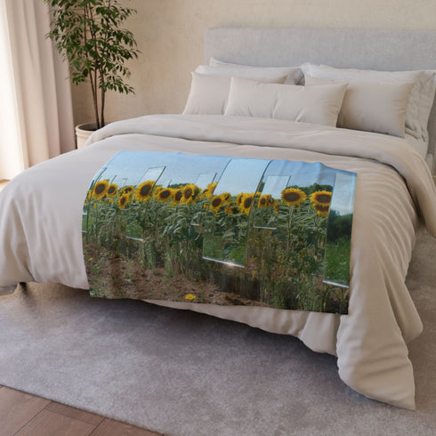 Sunflower Field with Floating Mirrors — 50×60 Plush Throw Blanket — 300 GSM Plush Coral Fleece Texture Close-Up