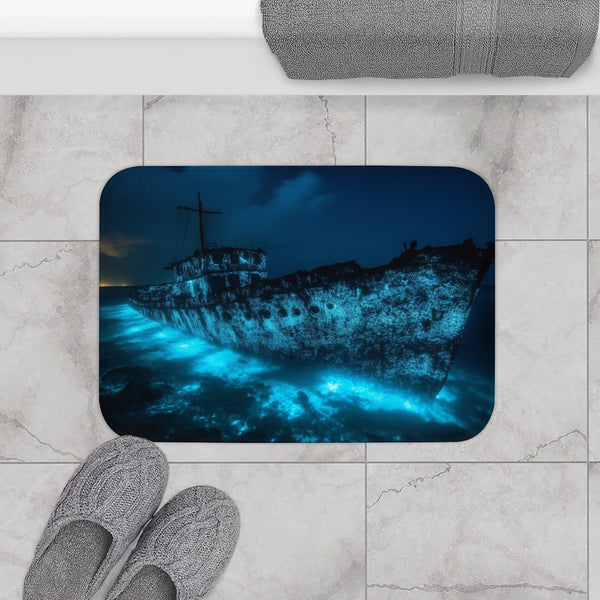 Sunken Ship Glowing with Bioluminescence (Edition II) — Memory Foam Bath Mat — Modern Bathroom Floor Lifestyle View
