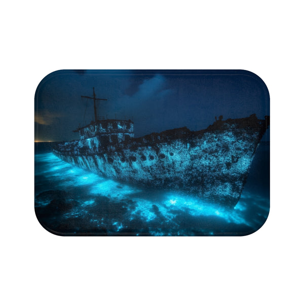 Sunken Ship Glowing with Bioluminescence (Edition II) — Memory Foam Bath Mat — Top-Down Memory Foam Bath Mat View