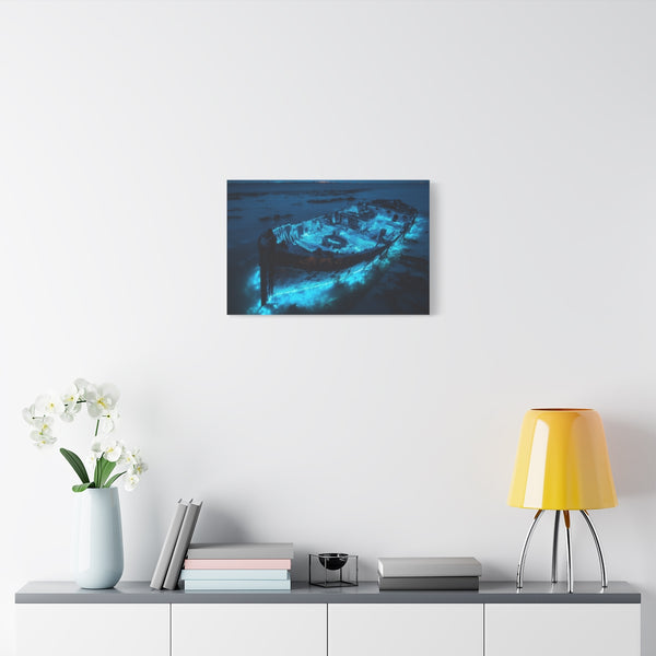 Sunken Ship Glowing with Bioluminescence (Edition III) — Stretched Canvas Wall Art — Living Room Wall Lifestyle View