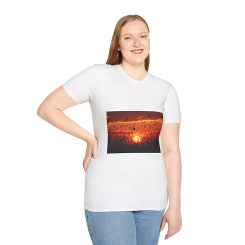 Sunset Made of Music Notes Graphic Unisex Softstyle T-Shirt - Model View