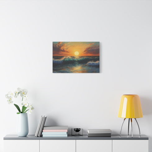 Golden Sunset Through Rolling Ocean Wave — Stretched Canvas Wall Art — Living Room Wall Lifestyle View