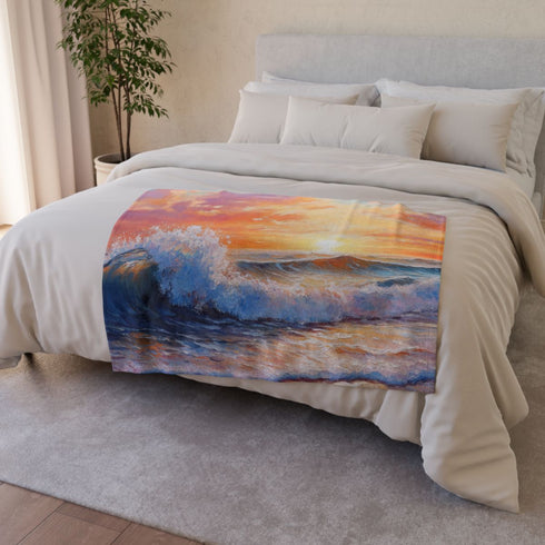 Sunset Through Rolling Wave Beach — 50×60 Plush Throw Blanket — Draped Over Sofa & Bed Lifestyle View