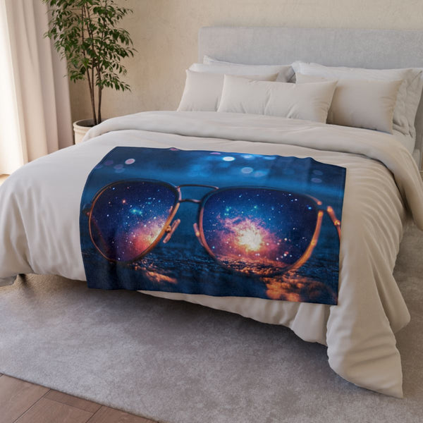 Supernova Reflecting in Sunglasses — Plush Fleece Throw Blanket — Drape over Sofa & Bed Lifestyle View