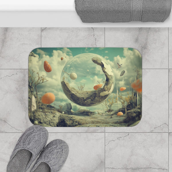 Surreal Dreamscape with Levitating Objects (Edition II) — Memory Foam Bath Mat — Modern Bathroom Floor Lifestyle View