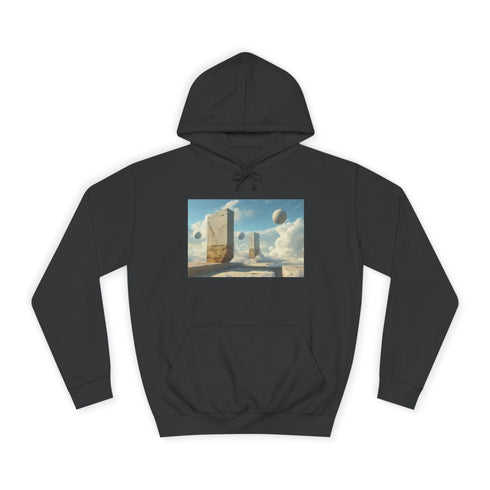 Surreal Dreamscape with Levitating Objects Graphic Unisex College Hoodie - Jet Black Front