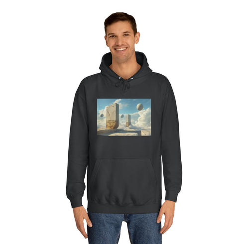 Surreal Dreamscape with Levitating Objects Graphic Unisex College Hoodie - Lifestyle Model View