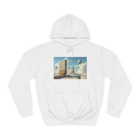 Surreal Dreamscape with Levitating Objects Graphic Unisex College Hoodie - Arctic White Front