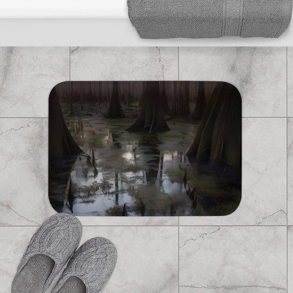 Swamp at Dusk Cypress Trees Spanish Moss and — Memory Foam Bath Mat — Modern Bathroom Floor Lifestyle View