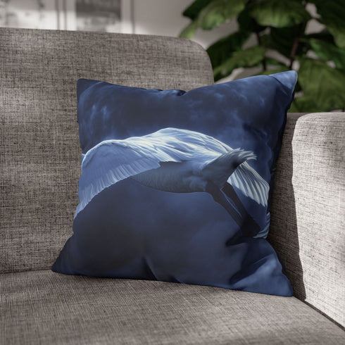 Swan Flying Through Binary Storm — Faux Suede Cushion Cover — Sofa & Living Room Lifestyle View