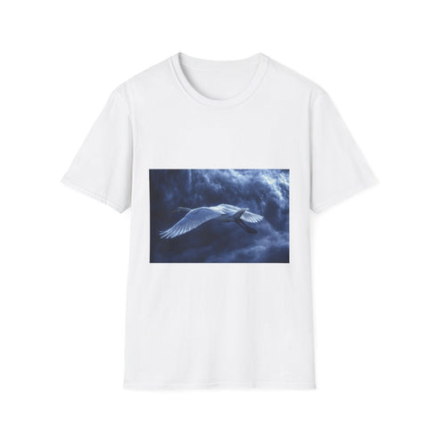 Swan Flying Through Binary Storm — Graphic Cotton T-Shirt — Front Graphic Print View