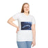 Swan Flying Through Binary Storm — Graphic Cotton T-Shirt — Model Streetwear Fit View