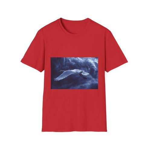 Swan Flying Through Binary Storm — Graphic Cotton T-Shirt — 100% Ring-Spun Cotton Fabric & Print Detail
