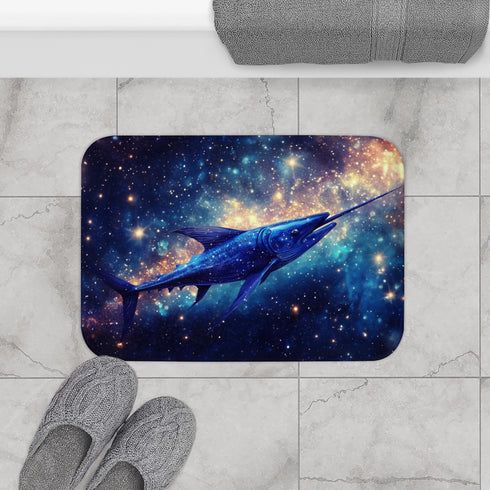 Swordfish Slicing Through Star Sea — Memory Foam Bath Mat — Modern Bathroom Floor Lifestyle View