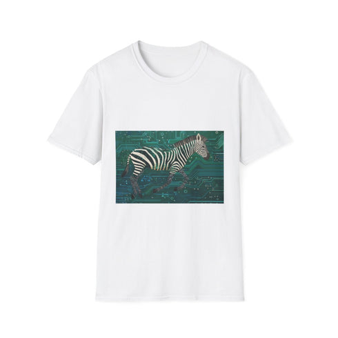 Techno Zebra Running Through Circuits — Graphic Cotton T-Shirt — Front Graphic Print View