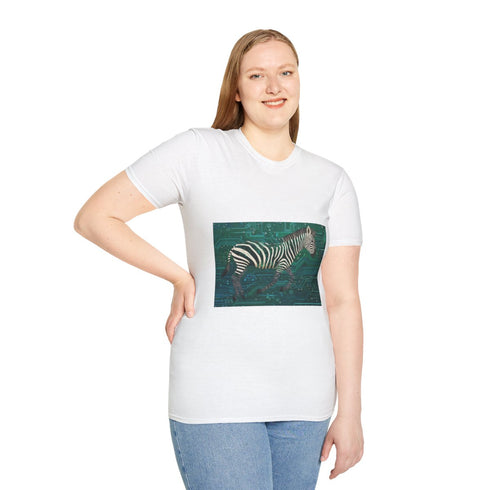 Techno Zebra Running Through Circuits — Graphic Cotton T-Shirt — Model Streetwear Fit View