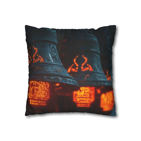 Temple Bells Glowing with Code — 40×40 Cushion Cover — Sofa & Living Room Lifestyle View
