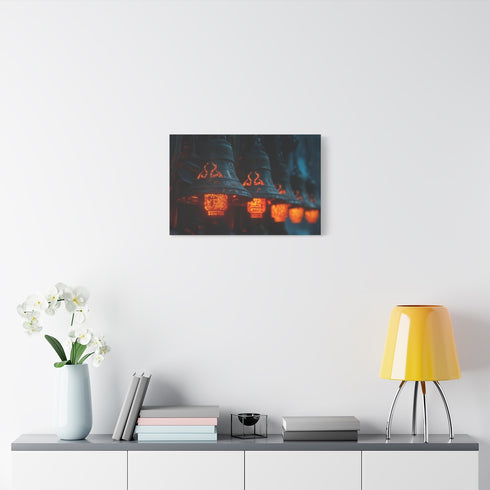 Temple Bells Glowing with Code — Stretched Canvas Wall Art — Living Room Wall Lifestyle View