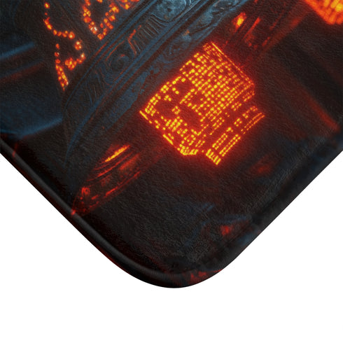 Temple Bells Glowing with Code — Memory Foam Bath Mat — Microfibre Texture Close-Up View