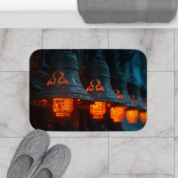 Temple Bells Glowing with Code — Memory Foam Bath Mat — Modern Bathroom Floor Lifestyle View