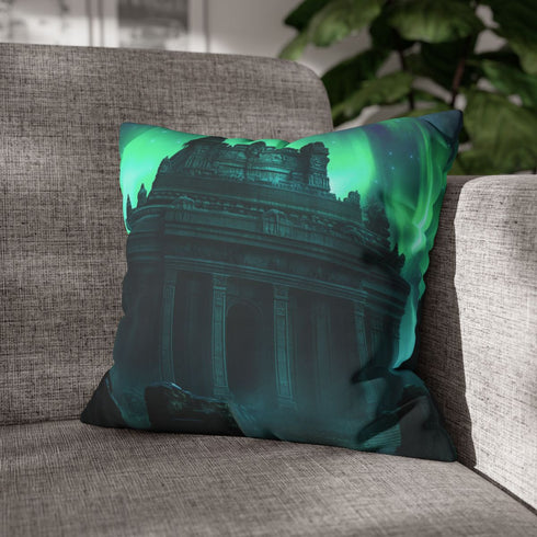 Temple Hidden in Aurora Borealis — Double-Sided Cushion Cover — Sofa & Armchair Living Room Lifestyle View